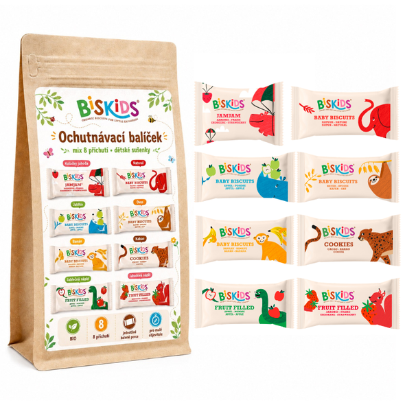 Biskids BIO ochutnávkový balíček sušenek pro děti 6M – 36M+ - mix 8 příchutí