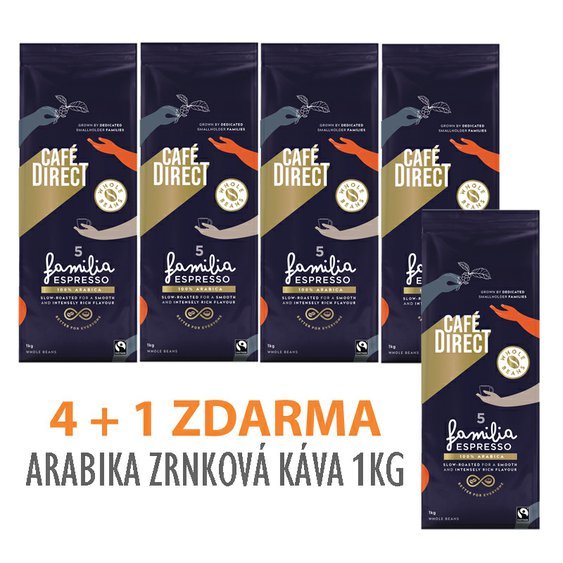 Cafedirect 4+1 ZDARMA! Výhodné balení Arabica zrnkové kávy 1kg. Fairtrade káva.