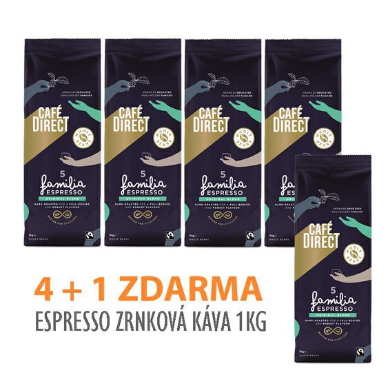 Cafedirect 4+1 ZDARMA! Výhodné balení Espresso zrnkové kávy 1kg. Fairtrade káva.