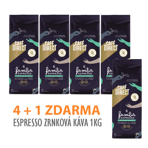 Cafédirect 4 + 1 ZDARMA! Výhodné balení Cafédirect Familia Espresso zrnkové kávy 1kg