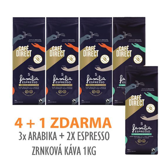Cafedirect 4+1 ZDARMA! Mix výhodných balení zrnkové kávy 1kg. Káva do kanceláře i na doma.