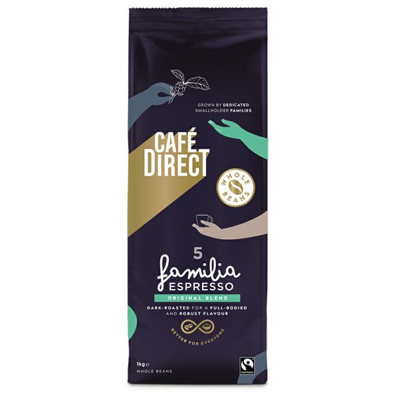 Cafédirect Espresso zrnková káva 1kg. 60% Arabika, 40% Robusta. Fairtrade.
