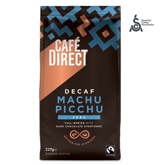 Cafédirect Machu Picchu SCA 82 mletá káva bez kofeinu 227g. Gurmet káva. Fairtrade.