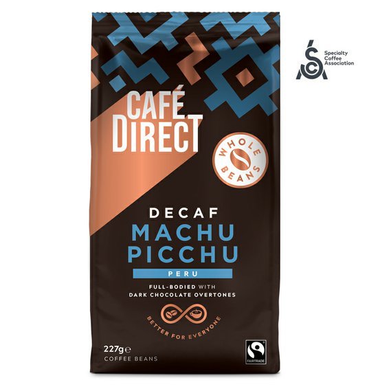 Cafédirect Machu Picchu SCA 82 zrnková káva bez kofeinu 227g. Fairtrade káva.