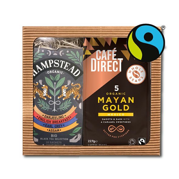 Cafédirect BIO dárkový balíček Mayan Gold zrnková káva 227g a selekce černých čajů 20ks