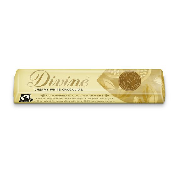 Divine bílá čokoládová tyčinka s vanilkou 25% 35g.Kvalitní Fairtrade kakao.