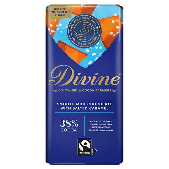Divine mléčná čokoláda s křupavým karamelem a mořskou solí 38% 90g.Fairtrade.