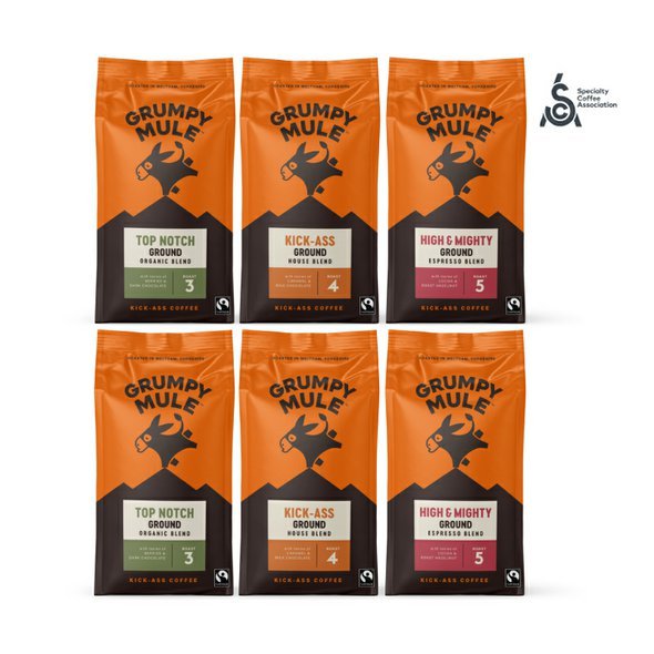 Grumpy Mule výhodný balíček Arabica mleté kávy SCA 82+ 6 x 200g. Výběrové kávy.