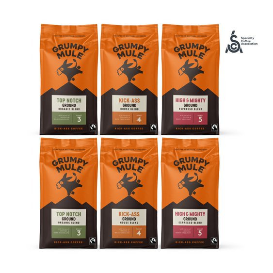 Grumpy Mule výhodný balíček Arabica mleté kávy SCA 82+ 6 x 200g. Výběrové kávy.