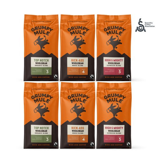 Grumpy Mule výhodný balíček Arabica zrnkové kávy SCA 82+ 6 x 200g. Výběrové kávy.
