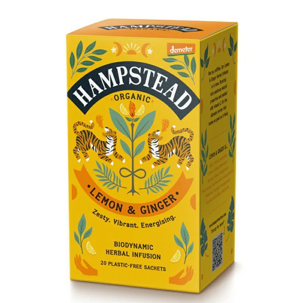 Hampstead Tea London BIO citrónový čaj se zázvorem 20ks. Čaj bez kofeinu Demeter.