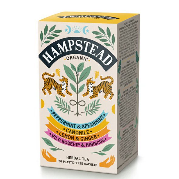 Hampstead Tea London BIO selekce bylinných a ovocných čajů 20ks. Čaj bez kofeinu.