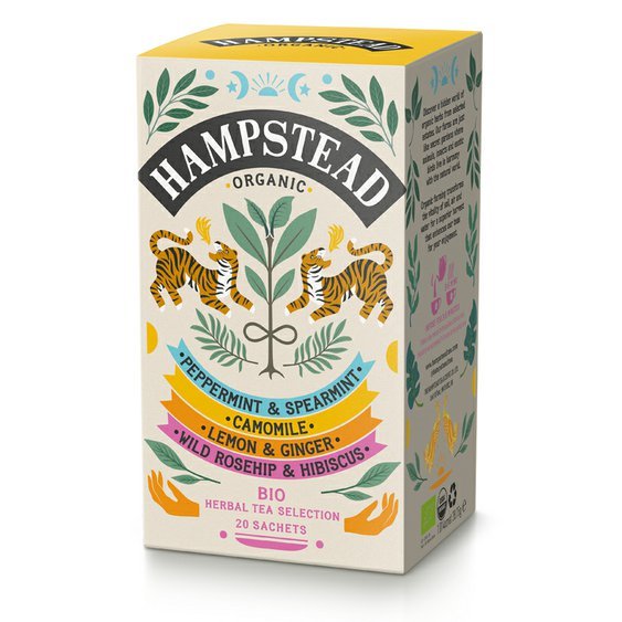 Hampstead Tea London BIO selekce bylinných a ovocných čajů 20ks. Čaj bez kofeinu.