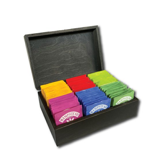 Hampstead Tea luxusní růžová dřevěná kazeta mix sáčkových BIO čajů 68ks - 6 druhů