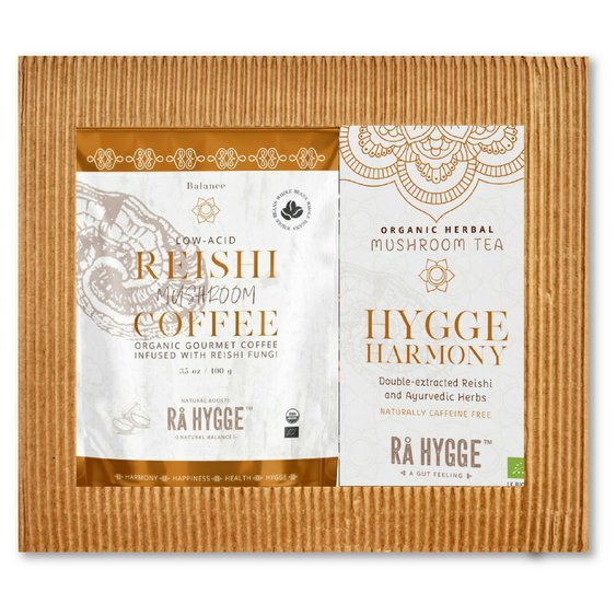 Ra Hygge BIO dárkový balíček REISHI zrnková káva 100g a Harmony bylinný čaj s Reishi 16ks