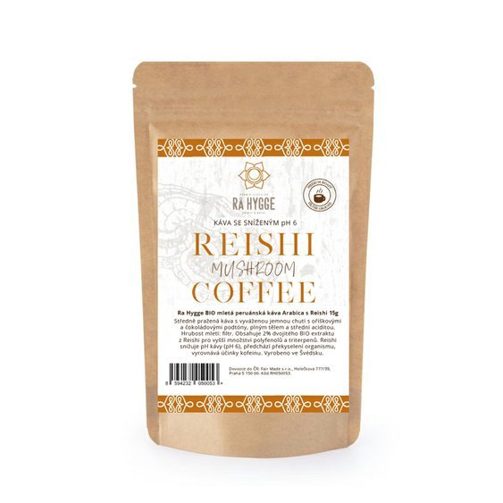 Vzorek Ra Hygge BIO mletá káva Peru Arabica REISHI 15g. Snížené pH 6 (nížší kyselost).