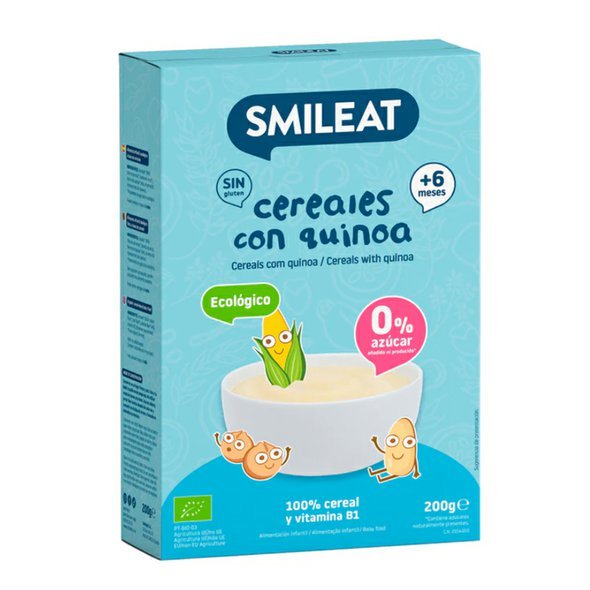 SMILEAT BIO dětská kaše 4 druhy cereálií bez lepku s quinoou a vitaminem B1 6M+ 200g