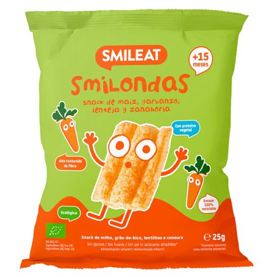 Smileat BIO kukuřičné křupky cizrna, čočka, mrkev s olivovým olejem a vitamínem B1 15M+