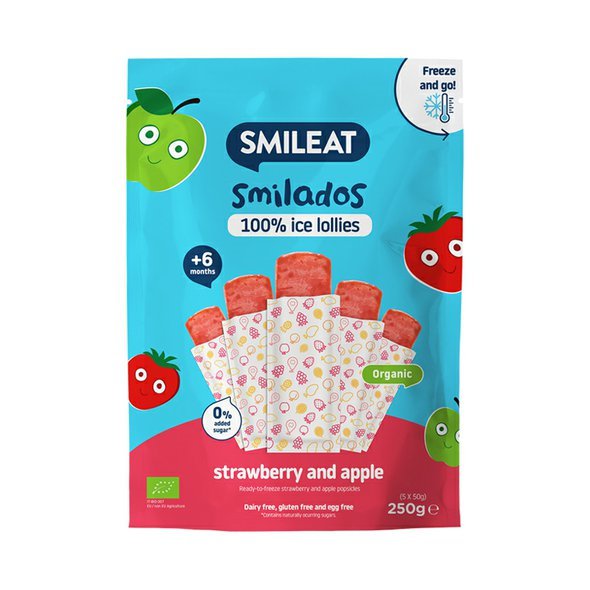 SMILEAT BIO 100% ovocné zmrzlinky k zamražení jahoda a jablko 5ks 6M+ 250g