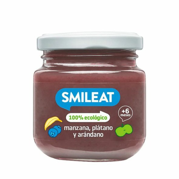 SMILEAT BIO ovocný příkrm borůvky, banán a jablko 6M+ 130g. Bez přidaného cukru.