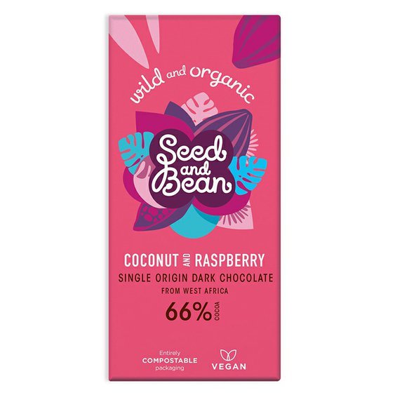 Seed&Bean BIO hořká čokoláda s malinami a kokosovým olejem 85g. Fairtrade Vegan,bez sóji.