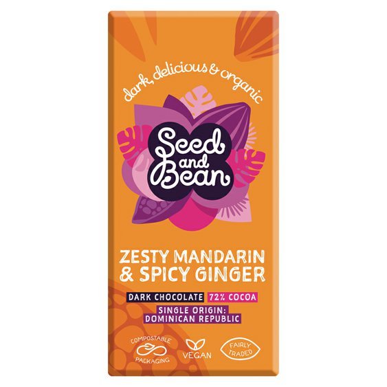 Seed&Bean BIO hořká čokoláda se zázvorem a mandarinkovým olejem 85g. Vegan, bez sóji.