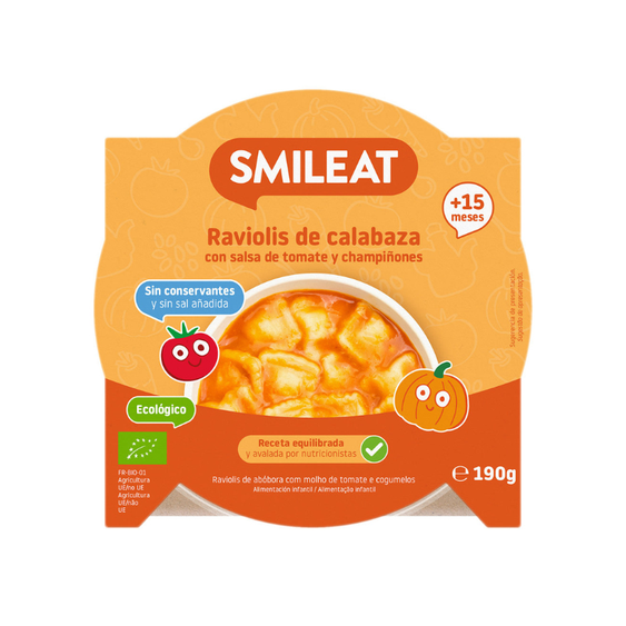 Smileat BIO ravioli plněné dýní s rajčatovou omáčkou a žampiony 15M+ 190g. Hotový pokrm.