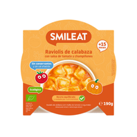 Smileat BIO ravioli plněné dýní s rajčatovou omáčkou a žampiony 15M+ 190g. Hotový pokrm.
